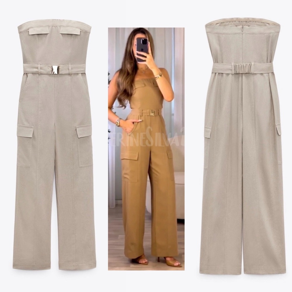 Zara tan brown strapless cargo wide leg jumpsuit Sz M